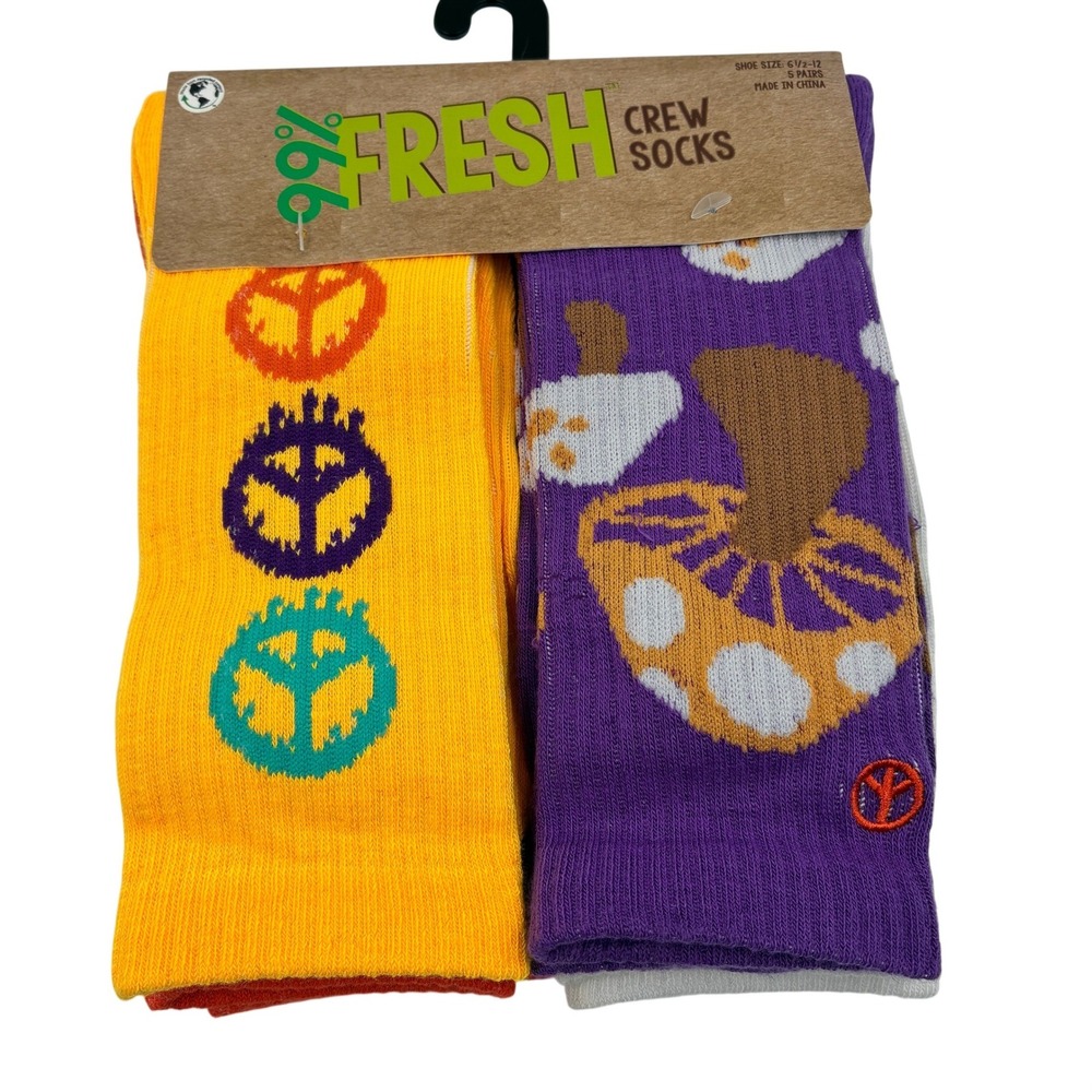 Fresh Crew Socks 5 Pack Shoe Size 6.5/12 Peace Sign Mushroom Stripes‎ Camo